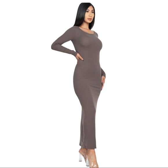 Ribbed Round Neck Long sleeve Maxi - Cocoa - Picture 2 of 5